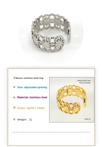 Detail view of 9.6mm hollow floral pattern on adjustable stainless steel rings