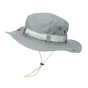 Close-up of grey ripstop western cowboy hat with metal vents and adjustable wind rope