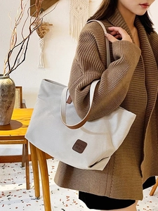 Minimalist grey canvas tote bag with brown straps for women, large capacity shoulder bag