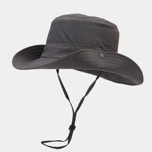 Dark grey wide brim sun hat with adjustable drawstring and quick-dry outdoor fabric