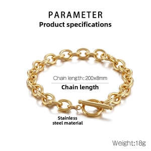 Detail view of 8mm gold stainless steel chain bracelet showing OT toggle clasp and size