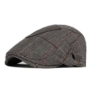 Retro Herringbone Flat Cap Men British Vintage Newsboy Hat Adjustable Polyester Tweed Pattern Patchwork Forward Cap