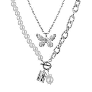 Layered silver snake chain necklace set with baroque pearl and butterfly pendant