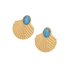 18K gold plated fan-shaped earrings with inlaid oval blue turquoise on white background