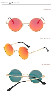 Three-view display of vintage round metal sunglasses with orange mirrored lenses