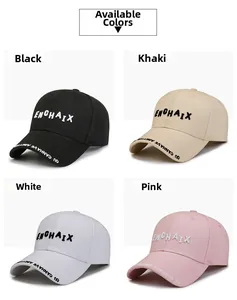 Detailed grid view of embroidered baseball caps in black, khaki, white, and pink options