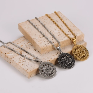 Three men's stainless steel sun totem necklaces in silver black and gold with box chains