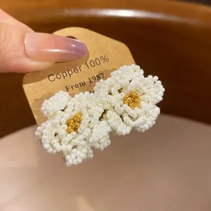 Handmade Woven Flower Stud Earrings With 925 Sterling Silver Earring Post Beaded Floral Sweet Elegant Style Women