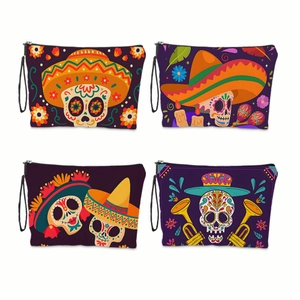 Lot de 4 trousses à maquillage Jour des Morts avec motifs de crânes colorés et fermetures éclair