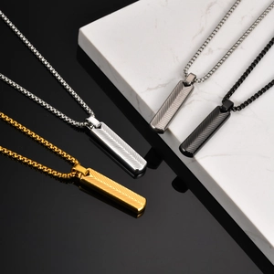 Geometric square bar pendant necklace for men in gold, silver and black stainless steel