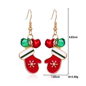 Detailed size view of Christmas red glove earrings with bells and snowflake pattern