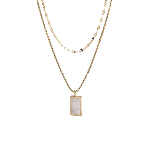Double layered 18k gold plated titanium necklace with rectangular white shell pendant