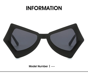 Detailed view of black geometric butterfly sunglasses with matte finish and pentagonal frame