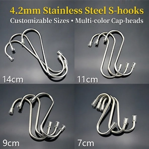 Thick 4.2mm stainless steel S-hooks set in four sizes with transparent protective tips