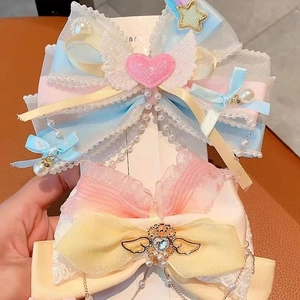 Lace bow hair clips with heart charms and pearls for girls in colorful princess style