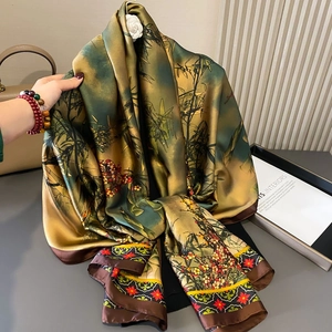 Elegant Chinese style silk scarf with green bamboo print and floral patterns for women