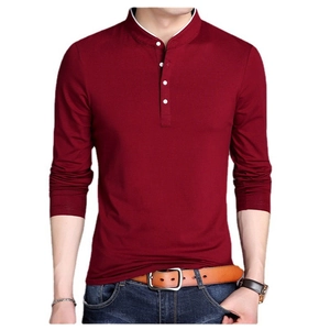 Slim fit men's burgundy long sleeve Henley shirt with white contrast trim on stand collar