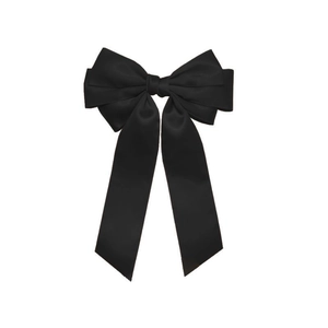 Detailed view of the layered black satin bow hair clip with elegant glossy ribbon texture