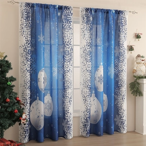 Christmas blackout curtains with blue background, white snowflake patterns and hanging ornaments