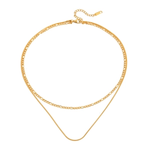 Double-layered 18K gold plated stainless steel Figaro and snake chain necklace for women