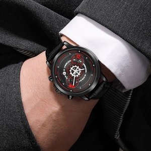 Yolako business watch with black leather strap and mechanical gear style dial