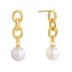 Elegant gold chain link earrings with white round pearl drops on a clean white background