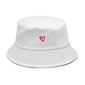 Classic white cotton bucket hat with a small red embroidered heart for outdoor sun protection