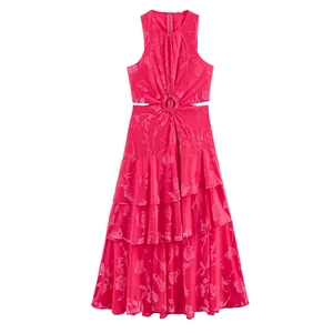 Robe Longue Élégante Sans Manches Jacquard Rose Découpe Taille Ourlet Volants Superposés Style Vacances Doux Pour Femmes