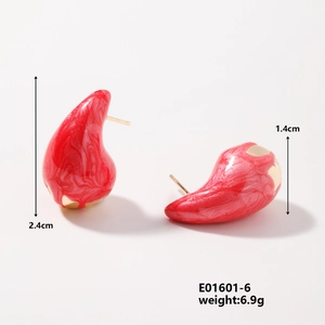Detail view of red marble texture teardrop earrings with dimensions 2.4cm by 1.4cm