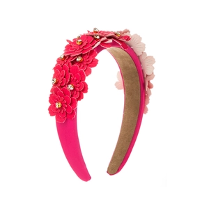 Detailed view of dark pink floral headband with rhinestone centers and anti-slip lining