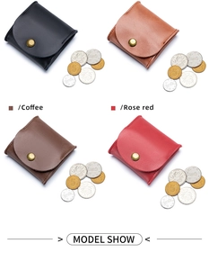 Mini cowhide coin purses in four colors with metal snap closure in a flat layout