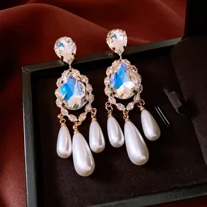 Luxury 18k gold plated teardrop earrings with crystal stones and hanging pearls