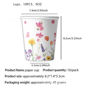 Detail view of wild flower theme 9oz paper cups with dimensions for party supplies