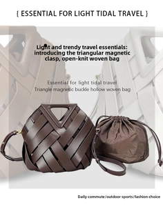 Macro detail of dark brown woven leather handbag with triangular magnetic buckle closure