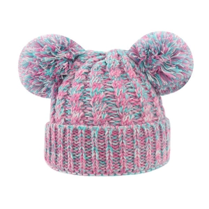 Winter infant knit hat with double pom-poms in mixed pink, blue, and white yarn