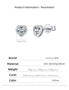 Detail view of heart-cut Moissanite stud earrings in S925 sterling silver sizes 3-5mm
