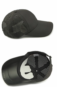 Detail view of laser-cut ventilation holes and adjustable strap on black baseball cap