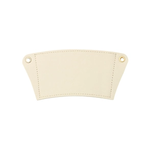 Detail of beige PU leather cup sleeve showing fine texture and neat stitching on white background