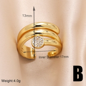 Irregular gold multilayer open ring with zircon detail, measuring 17mm inner diameter