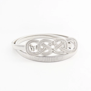 Adjustable silver elastic metal waist belt with twisted three-ring buckle for dresses