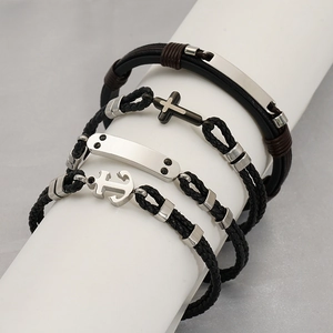 Bracelet En Cuir Tressé Pour Homme Avec Ancre Et Croix En Acier Inoxydable Style Nautique Religieux Bijoux De Mode