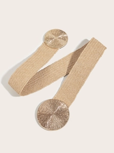 Women's beige elastic straw belt with golden sunburst textured round metal buckles