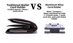 Slim aluminum card holder vs bulky wallet comparison showing compact 15-card capacity