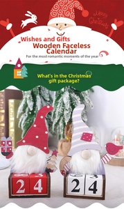 Detail of Christmas wooden gnome perpetual calendar with red and purple fabric hats