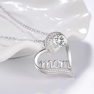 Silver heart and moon MOM necklace with sparkling white zircons for Mother's Day