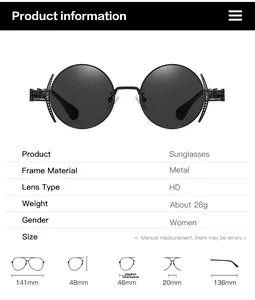 Detailed size chart for punk metal round sunglasses showing frame dimensions and 28g weight