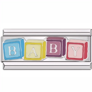 Detail of Italian charm bracelet link with BABY lettering and colorful square inlays