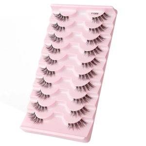 Macro detail of 10 pairs of Y1006 natural thick half false eyelashes in a pink tray