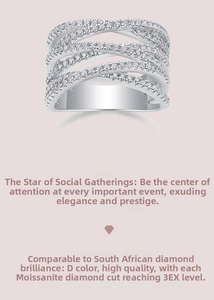 Detail of multi-layer crisscross S925 silver ring featuring D color 3EX moissanite stones