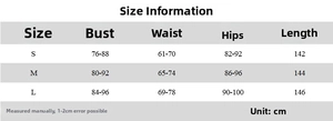 Detailed size chart showing bust and waist measurements for the sequin backless maxi dress